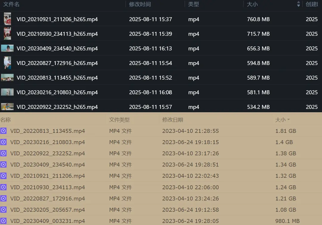 H265 和 H264 大小对比